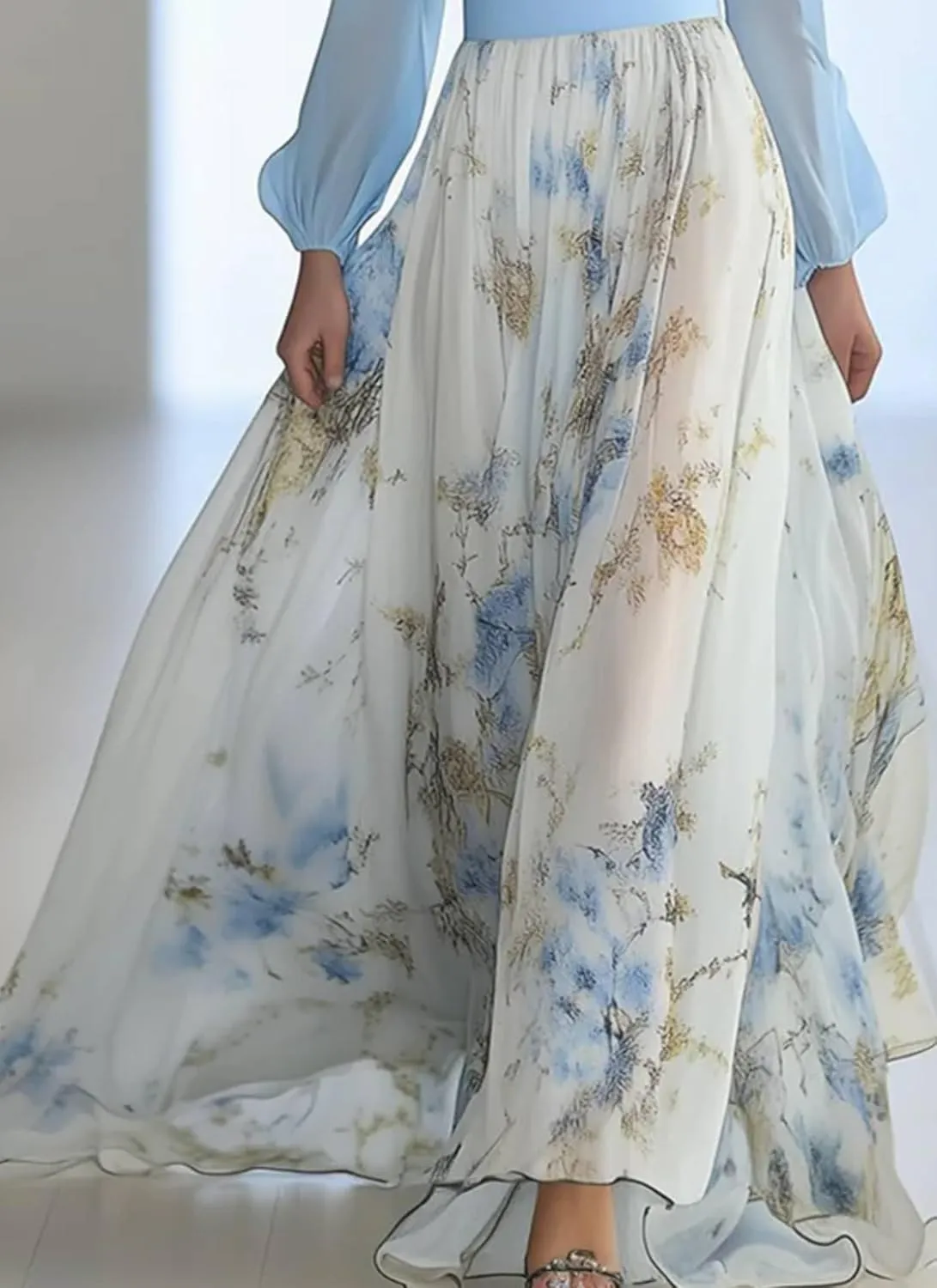 Womens Chiffon Deep V-Neck Stunning Floral Print Maxi Dress Unique Loose Summer Boho Dresses High Waiste