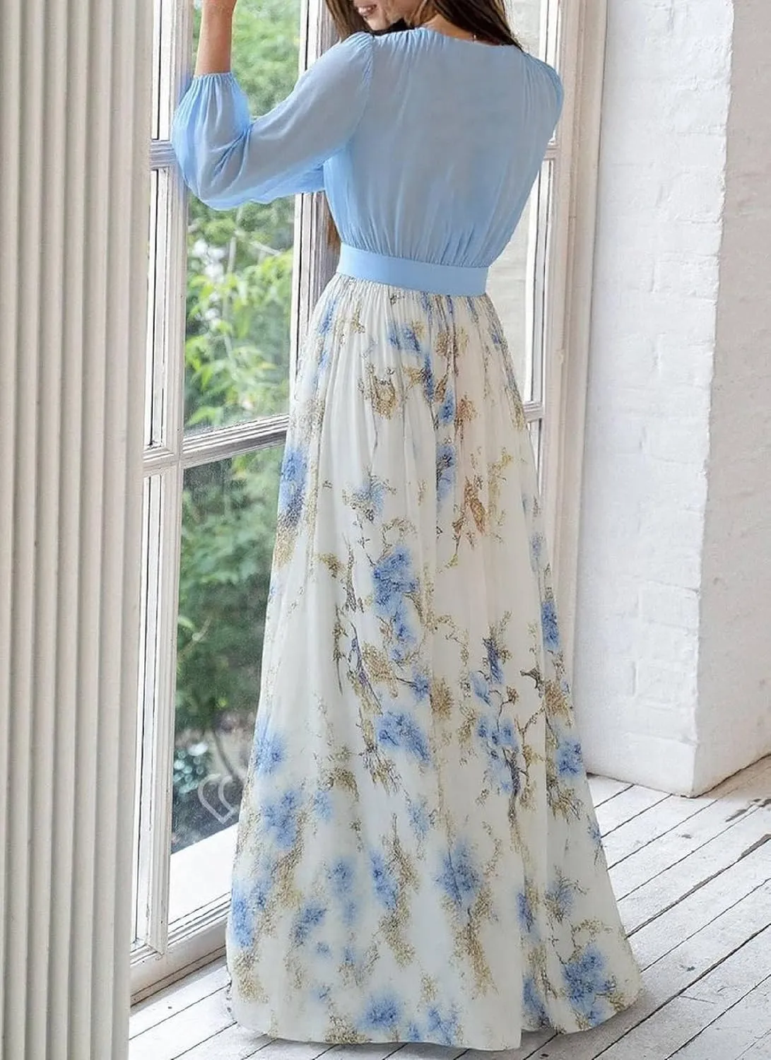 Womens Chiffon Deep V-Neck Stunning Floral Print Maxi Dress Unique Loose Summer Boho Dresses High Waiste