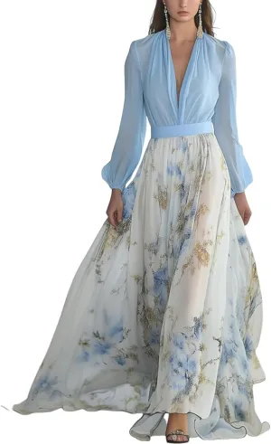 Womens Chiffon Deep V-Neck Stunning Floral Print Maxi Dress Unique Loose Summer Boho Dresses High Waiste