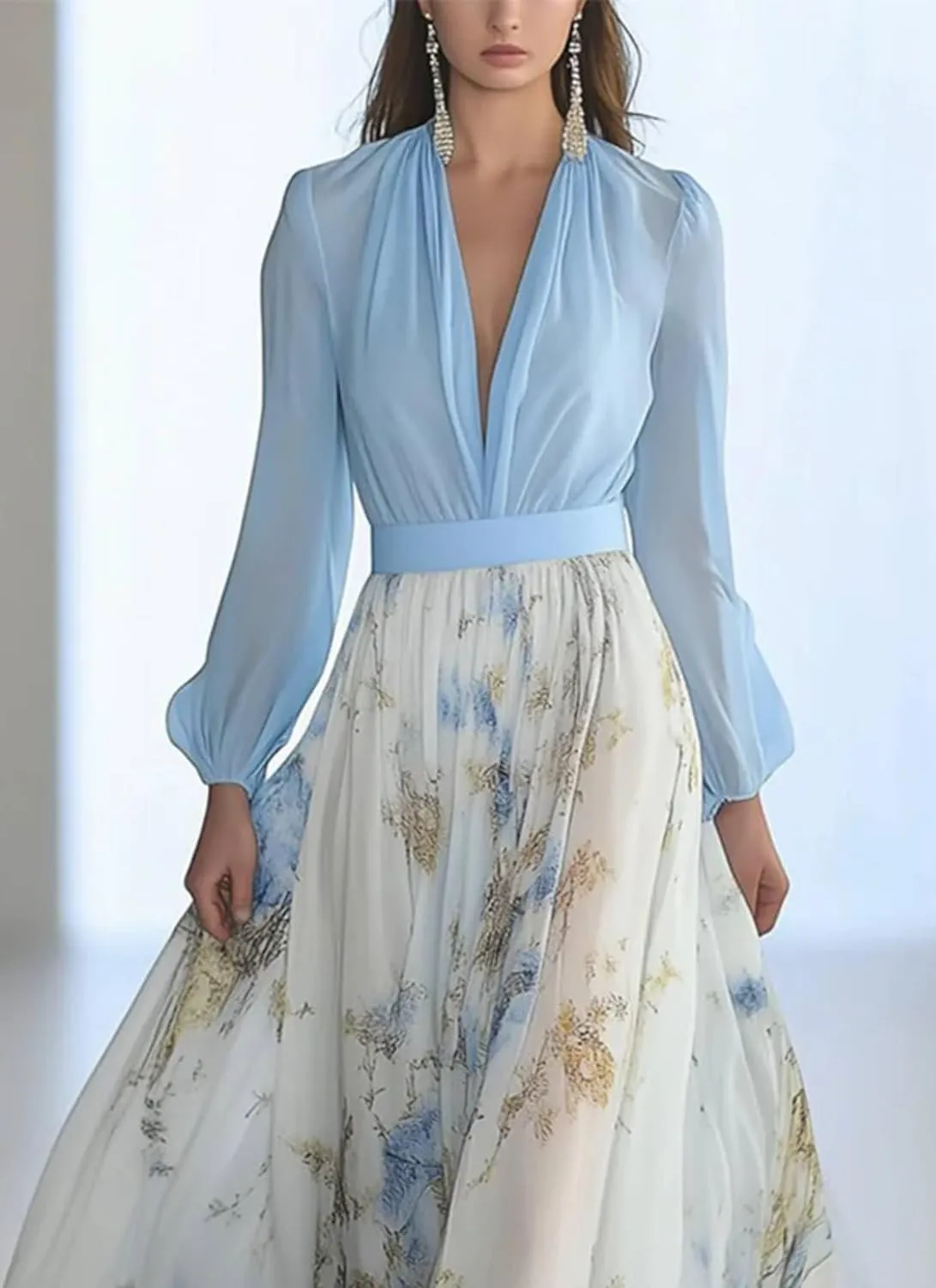 Womens Chiffon Deep V-Neck Stunning Floral Print Maxi Dress Unique Loose Summer Boho Dresses High Waiste