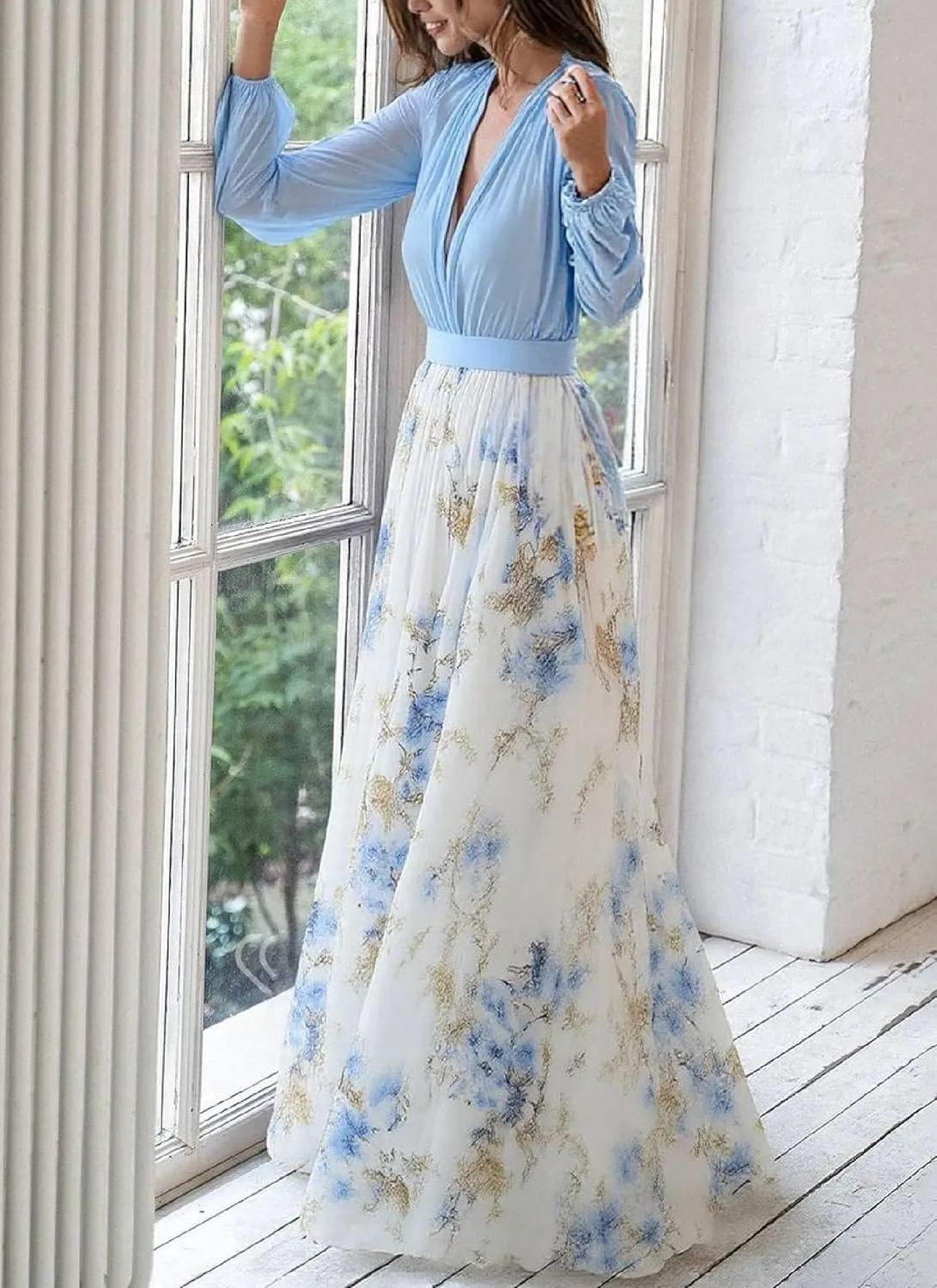 Womens Chiffon Deep V-Neck Stunning Floral Print Maxi Dress Unique Loose Summer Boho Dresses High Waiste