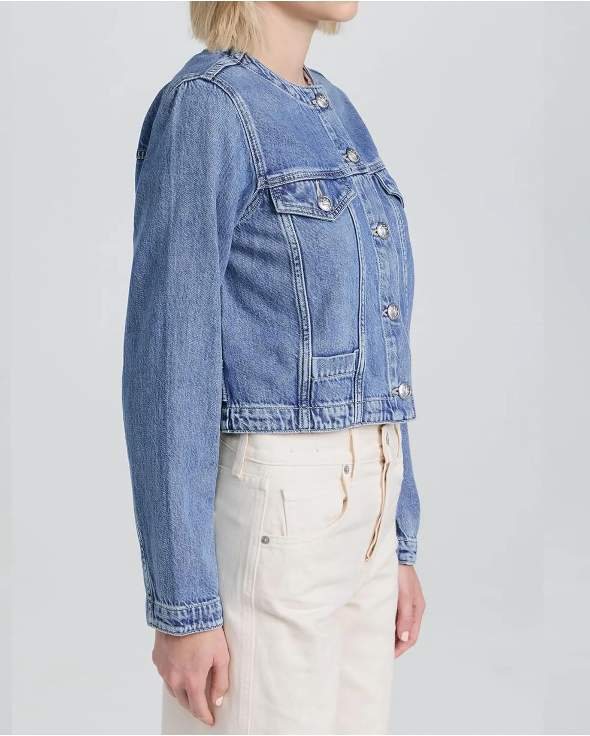 Women's Collarless Cropped Denim Jacket Button Down Long Sleeve Slim Fit Jean Jackets