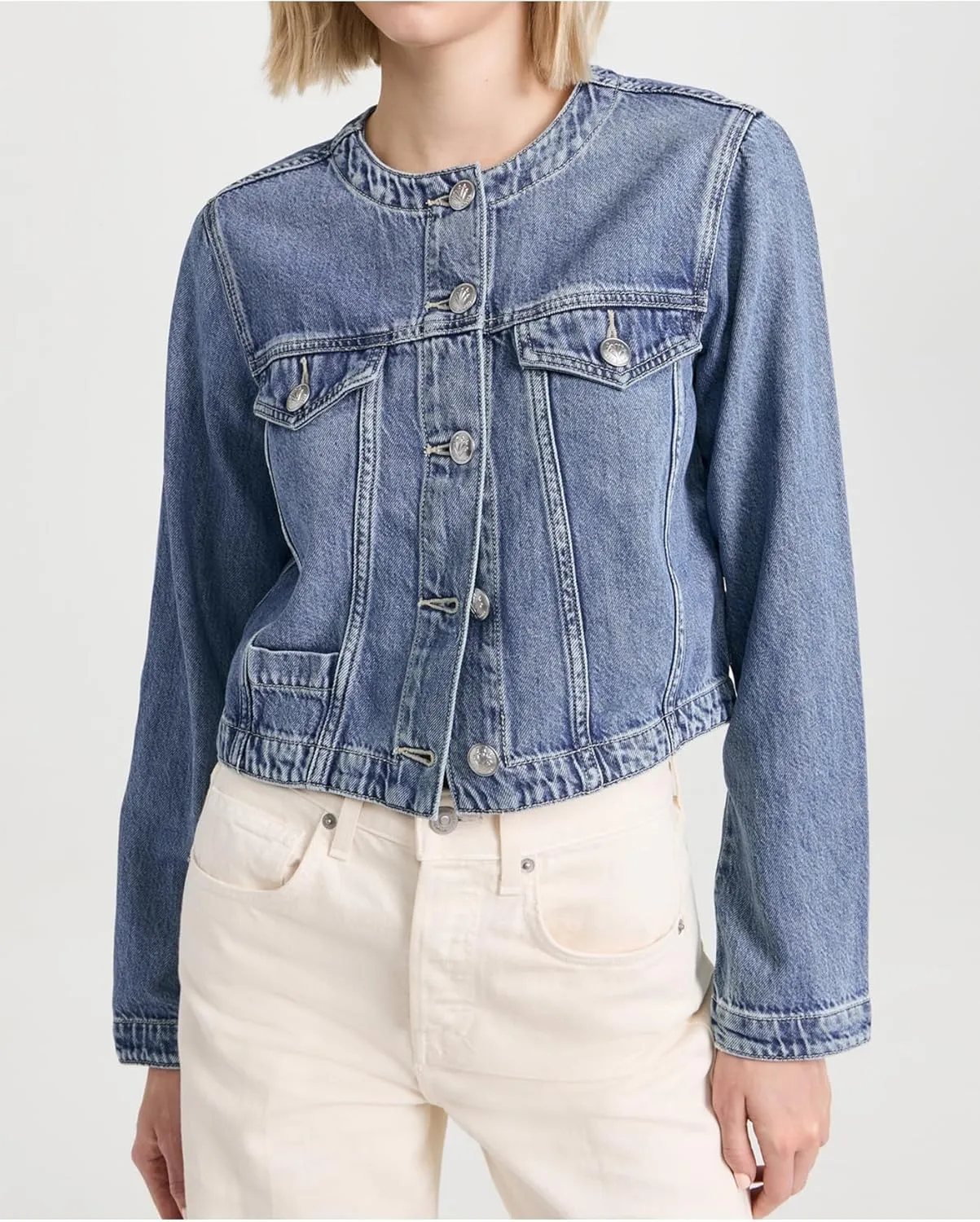 Women's Collarless Cropped Denim Jacket Button Down Long Sleeve Slim Fit Jean Jackets
