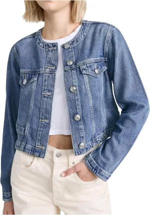 Women's Collarless Cropped Denim Jacket Button Down Long Sleeve Slim Fit Jean Jackets