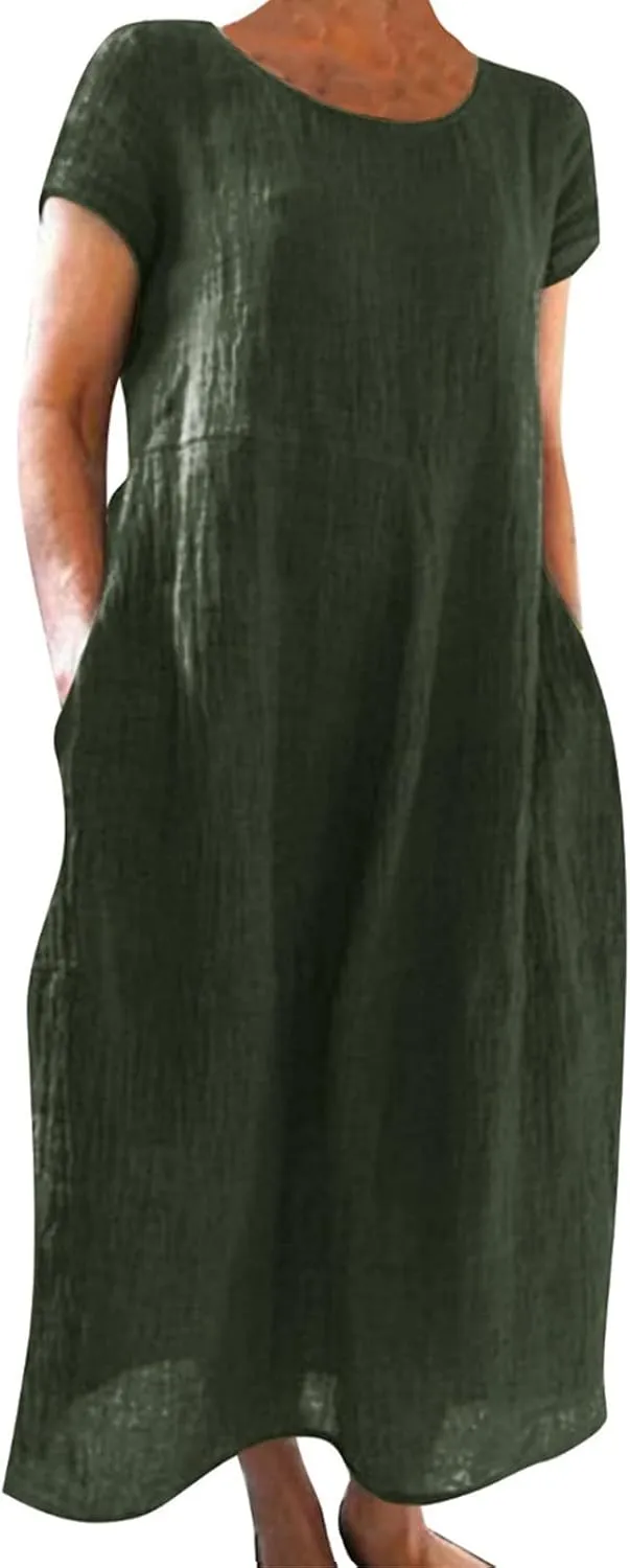 Womens Cotton Linen A-Line Maxi Beach Sundress Plus Size Solid Color Spring Dresses Travel Vacation 2025 Summer Outfits