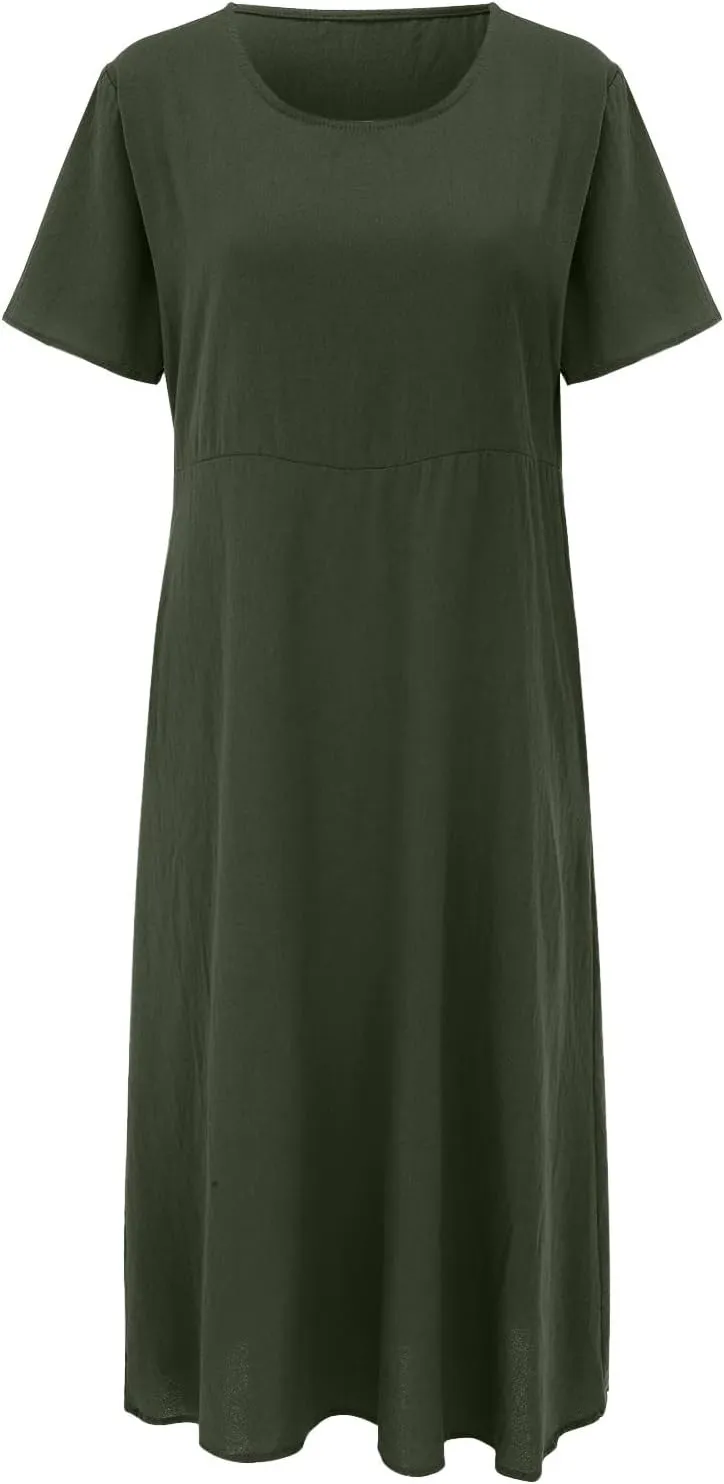 Womens Cotton Linen A-Line Maxi Beach Sundress Plus Size Solid Color Spring Dresses Travel Vacation 2025 Summer Outfits