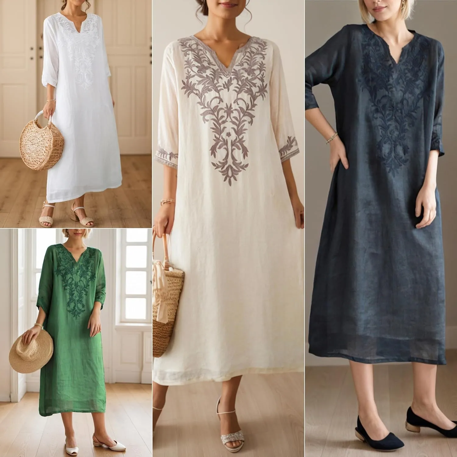 Womens Cotton Linen Maxi Dresses Ethnic Embroidered V Neck Boho Dress Spring Summer Beach Casual Flowy Long Dress S-XL
