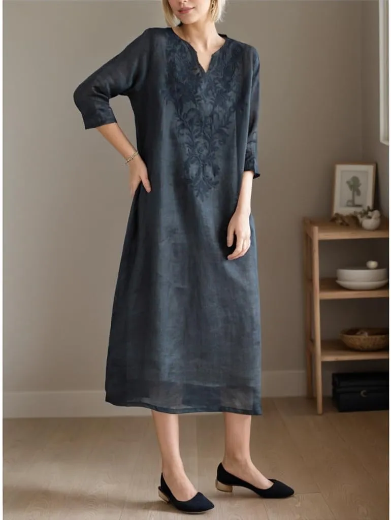 Womens Cotton Linen Maxi Dresses Ethnic Embroidered V Neck Boho Dress Spring Summer Beach Casual Flowy Long Dress S-XL