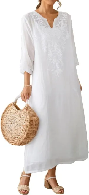 Womens Cotton Linen Maxi Dresses Ethnic Embroidered V Neck Boho Dress Spring Summer Beach Casual Flowy Long Dress S-XL