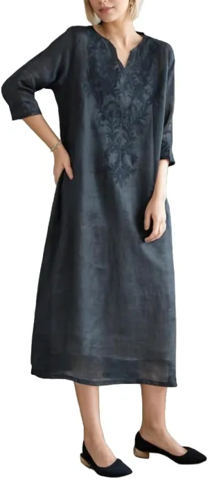 Womens Cotton Linen Maxi Dresses Ethnic Embroidered V Neck Boho Dress Spring Summer Beach Casual Flowy Long Dress S-XL