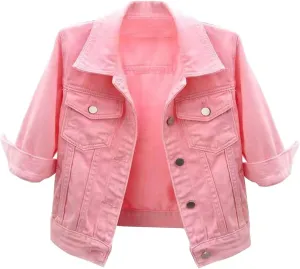 Womens Cropped Denim Jacket 3/4 Sleeve Short Jean Jacket Button Down Retro Lightweight Trucker Coat
