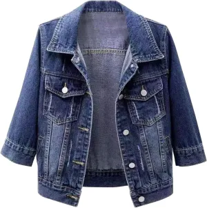 Womens Cropped Denim Jacket 3/4 Sleeve Short Jean Jacket Button Down Retro Lightweight Trucker Coat