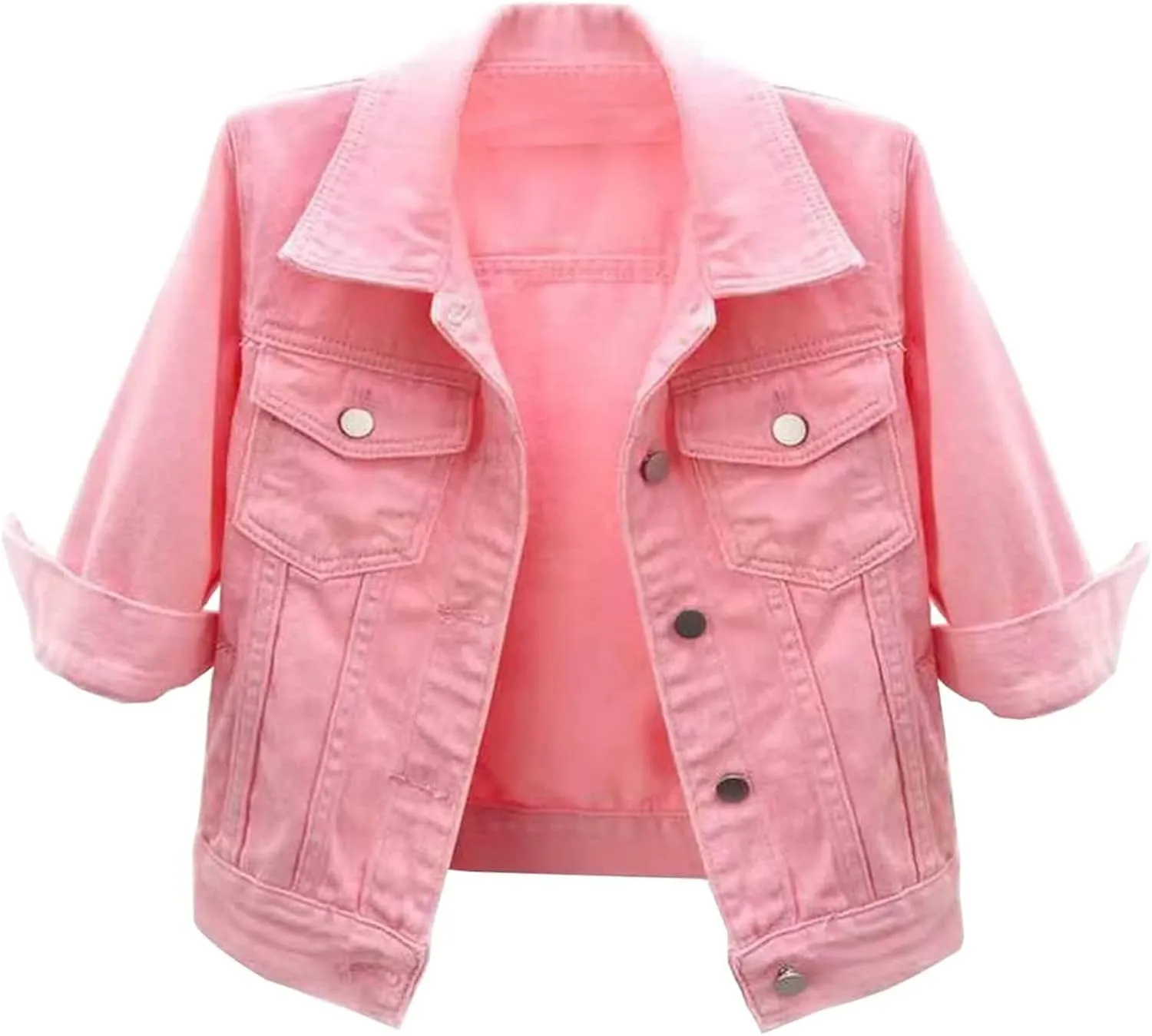 Womens Cropped Denim Jacket 3/4 Sleeve Short Jean Jacket Button Down Retro Lightweight Trucker Coat