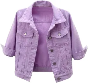 Womens Cropped Denim Jacket 3/4 Sleeve Short Jean Jacket Button Down Retro Lightweight Trucker Coat