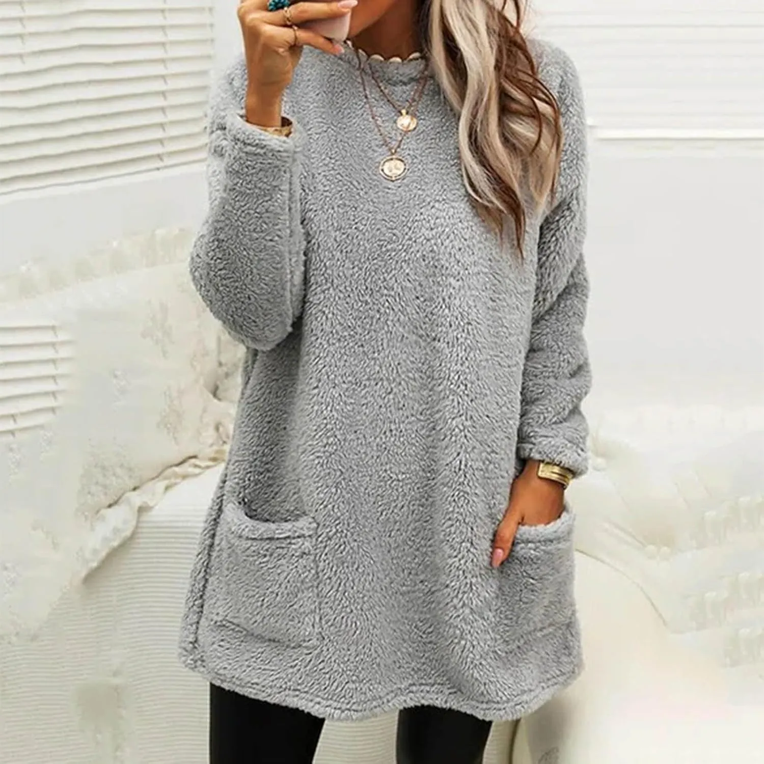 Women's Cute Sweatshirt Sherpa Pullover Sweater Fuzzy Fleece Hoodie Oversized Pockets Shirts Athletic Cozy Tops