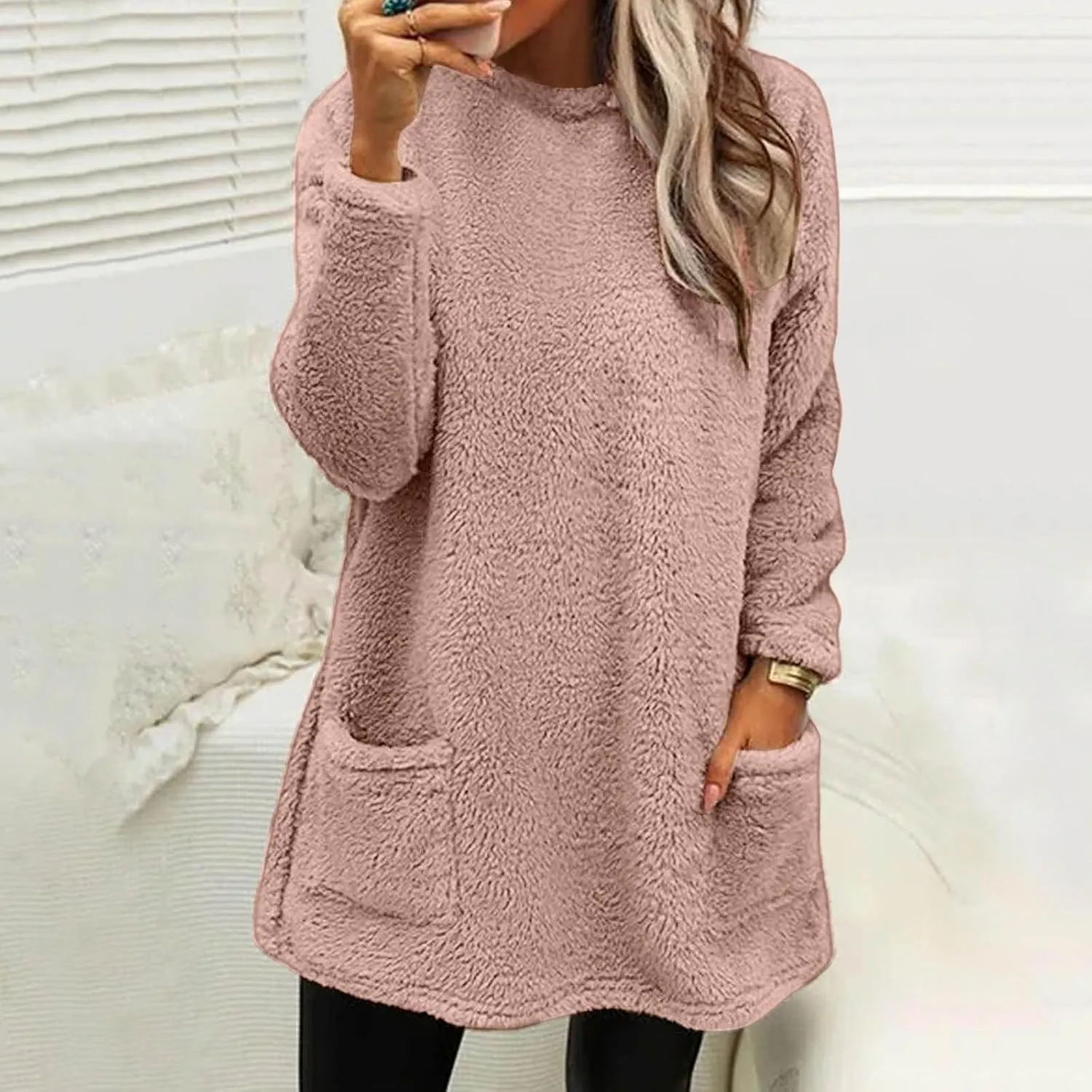 Women's Cute Sweatshirt Sherpa Pullover Sweater Fuzzy Fleece Hoodie Oversized Pockets Shirts Athletic Cozy Tops