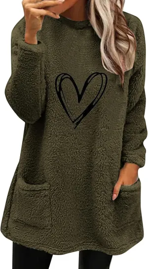 Women's Cute Sweatshirt Sherpa Pullover Sweater Fuzzy Fleece Hoodie Oversized Pockets Shirts Athletic Cozy Tops