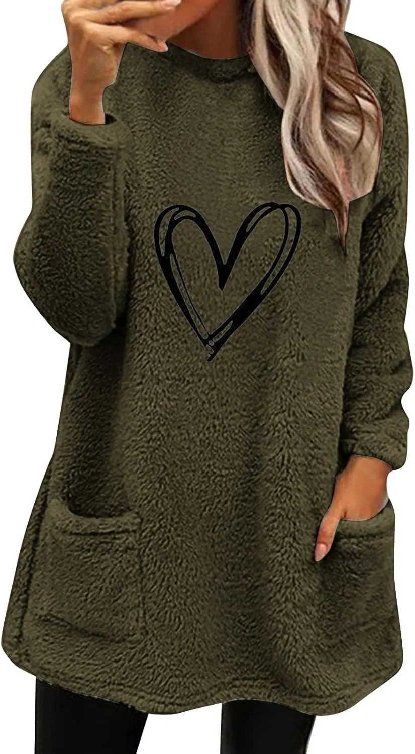 Women's Cute Sweatshirt Sherpa Pullover Sweater Fuzzy Fleece Hoodie Oversized Pockets Shirts Athletic Cozy Tops