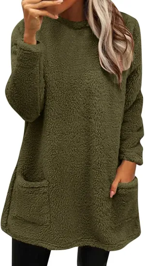 Women's Cute Sweatshirt Sherpa Pullover Sweater Fuzzy Fleece Hoodie Oversized Pockets Shirts Athletic Cozy Tops