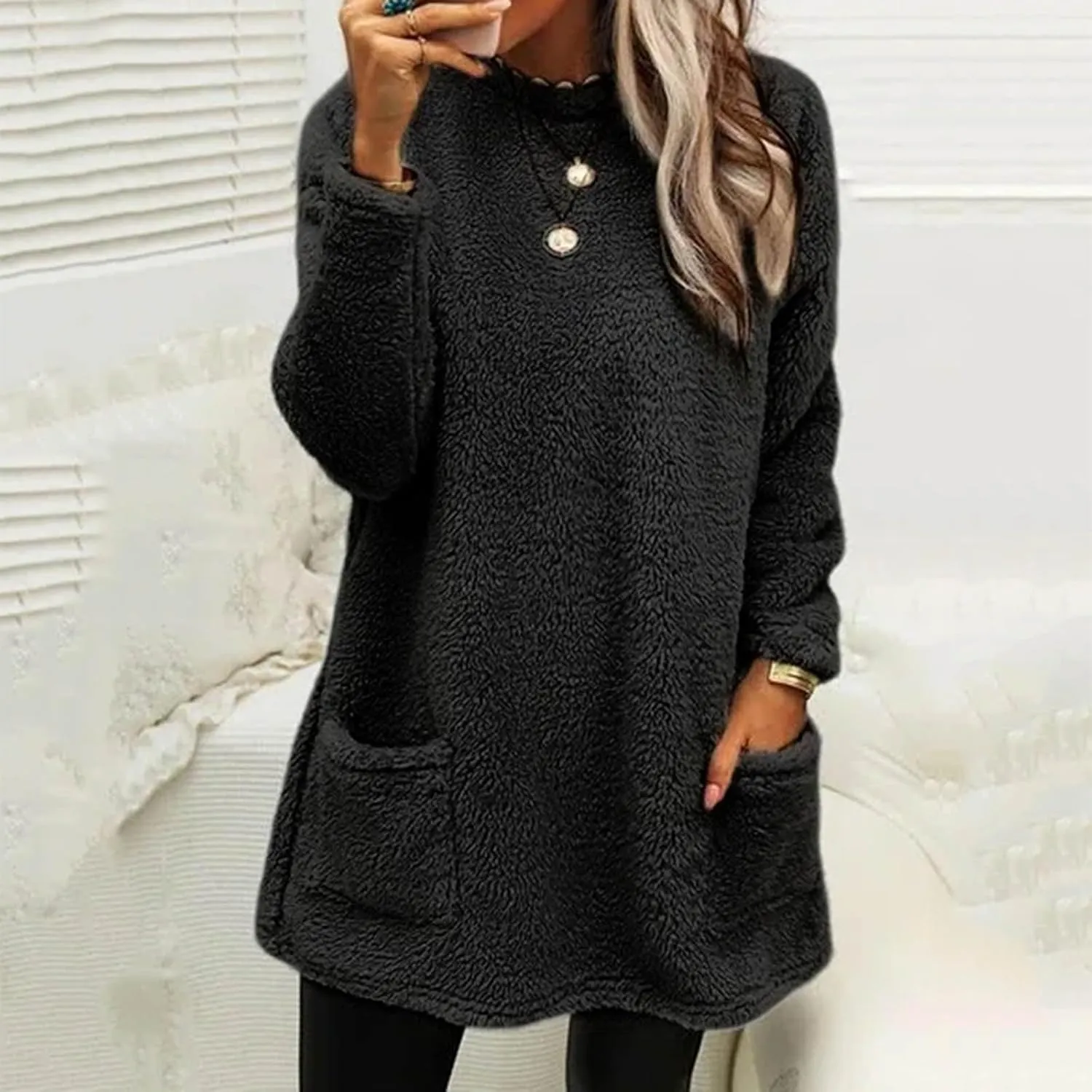 Women's Cute Sweatshirt Sherpa Pullover Sweater Fuzzy Fleece Hoodie Oversized Pockets Shirts Athletic Cozy Tops