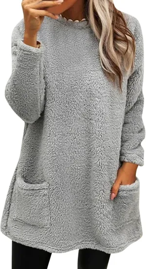 Women's Cute Sweatshirt Sherpa Pullover Sweater Fuzzy Fleece Hoodie Oversized Pockets Shirts Athletic Cozy Tops