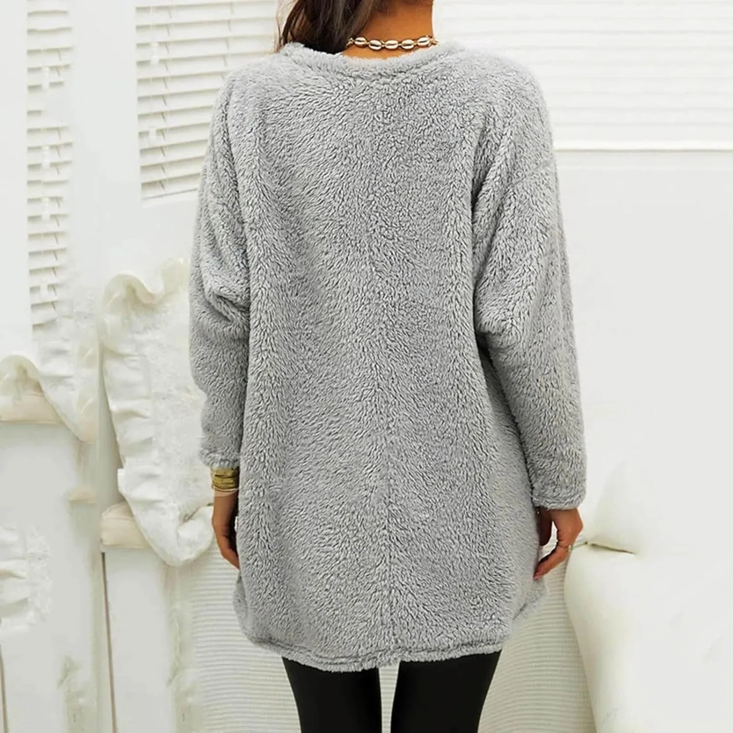 Women's Cute Sweatshirt Sherpa Pullover Sweater Fuzzy Fleece Hoodie Oversized Pockets Shirts Athletic Cozy Tops