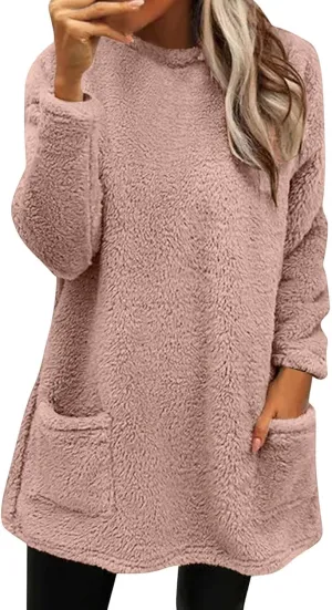 Women's Cute Sweatshirt Sherpa Pullover Sweater Fuzzy Fleece Hoodie Oversized Pockets Shirts Athletic Cozy Tops