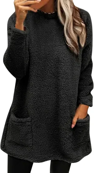 Women's Cute Sweatshirt Sherpa Pullover Sweater Fuzzy Fleece Hoodie Oversized Pockets Shirts Athletic Cozy Tops
