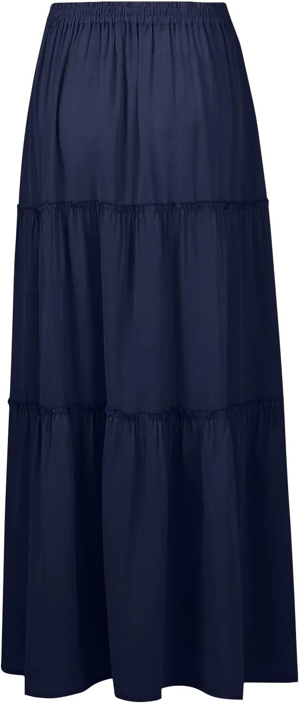 Women's Elastic High Waist Pleated Flared Classic Vacation A-Line Floor Length Skirts, S-2XL