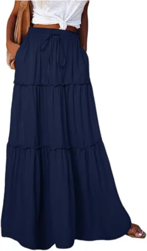 Women's Elastic High Waist Pleated Flared Classic Vacation A-Line Floor Length Skirts, S-2XL