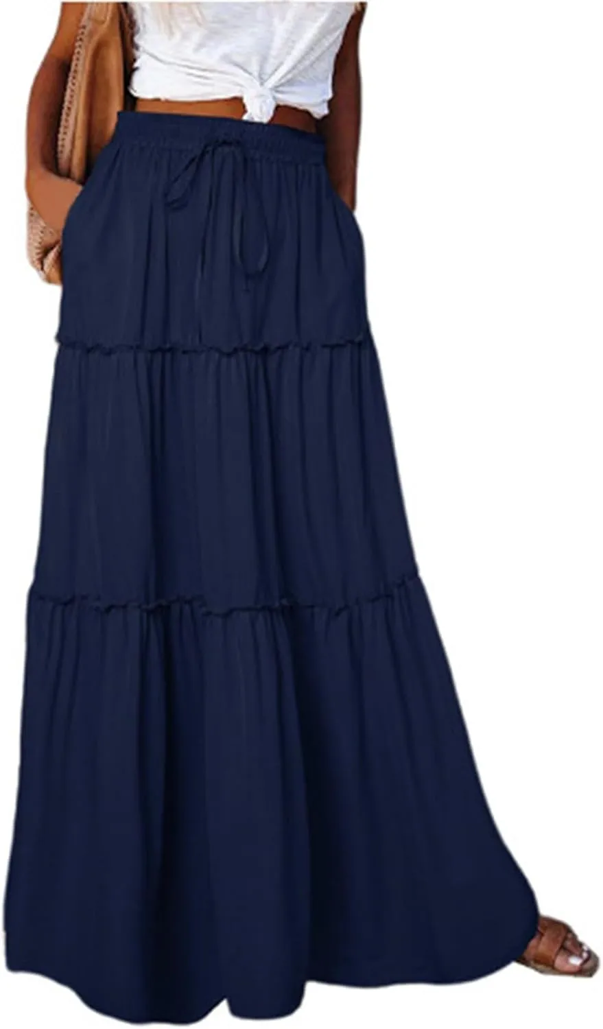 Women's Elastic High Waist Pleated Flared Classic Vacation A-Line Floor Length Skirts, S-2XL