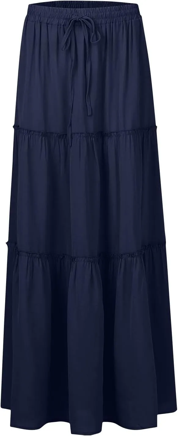 Women's Elastic High Waist Pleated Flared Classic Vacation A-Line Floor Length Skirts, S-2XL