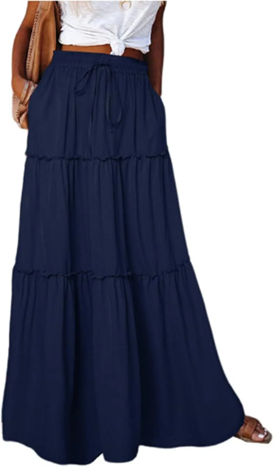Women's Elastic High Waist Pleated Flared Classic Vacation A-Line Floor Length Skirts, S-2XL