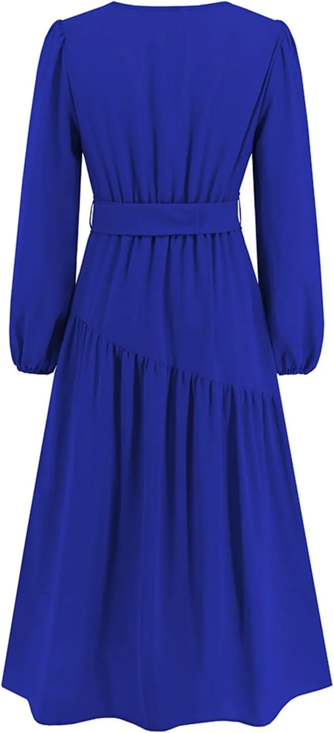 Women's Elegant Solid A-Line Pleated Midi Dress Classic 3/4 Sleeve V Neck Sheath Casual Party Work Wrap Dress
