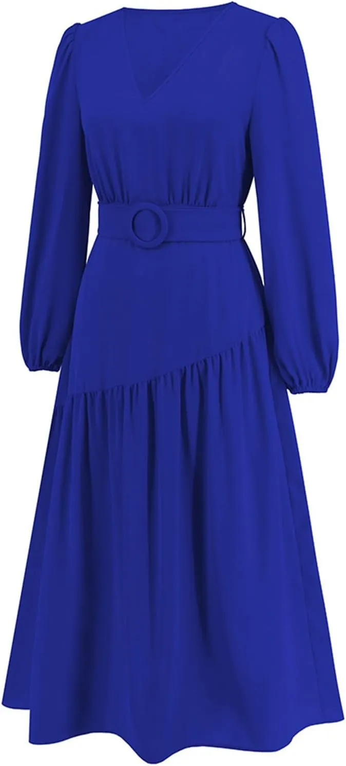Women's Elegant Solid A-Line Pleated Midi Dress Classic 3/4 Sleeve V Neck Sheath Casual Party Work Wrap Dress