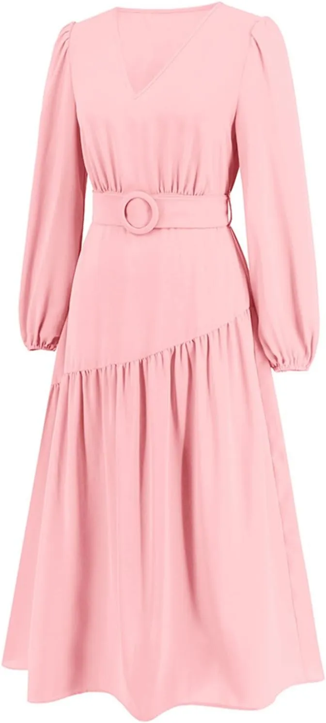 Women's Elegant Solid A-Line Pleated Midi Dress Classic 3/4 Sleeve V Neck Sheath Casual Party Work Wrap Dress