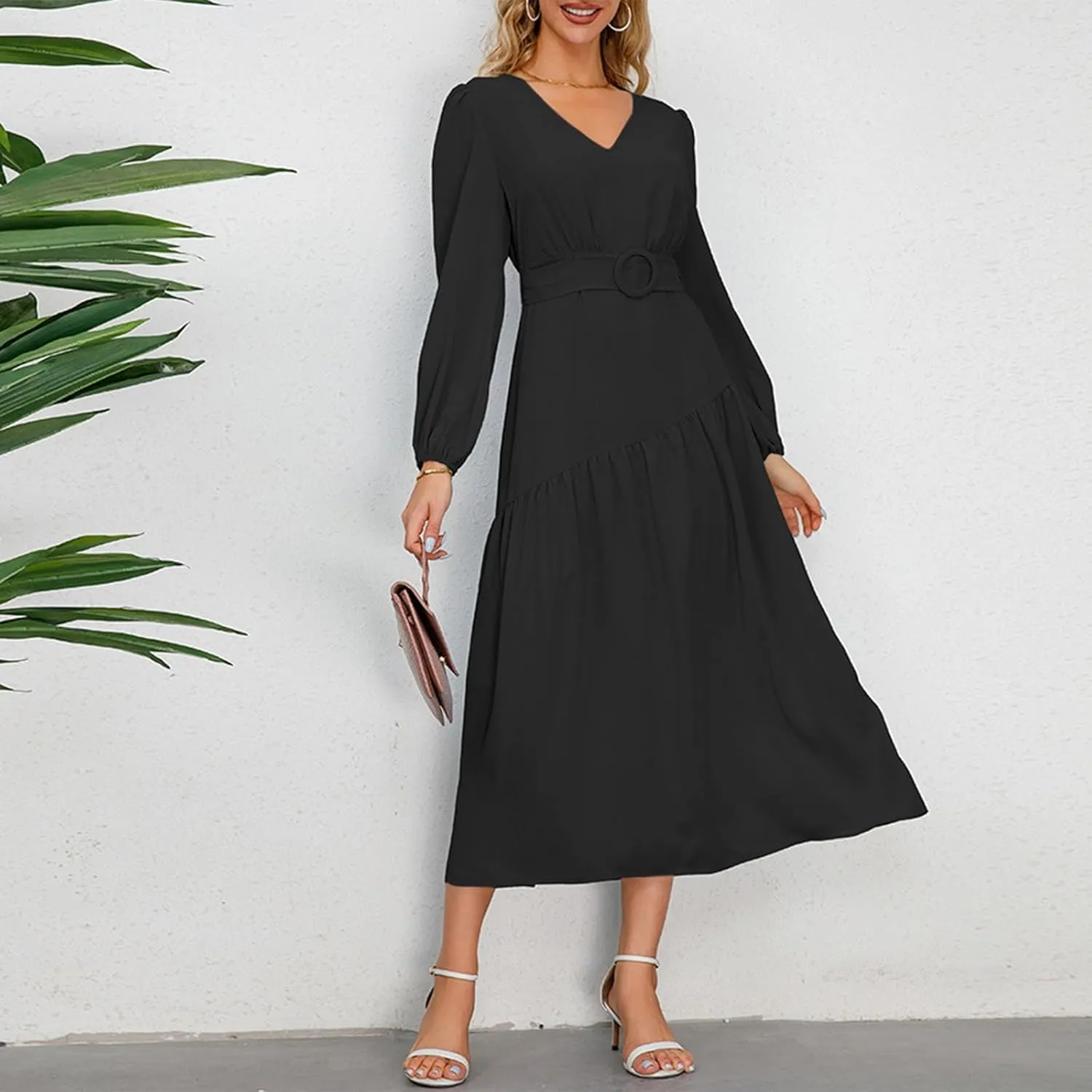 Women's Elegant Solid A-Line Pleated Midi Dress Classic 3/4 Sleeve V Neck Sheath Casual Party Work Wrap Dress