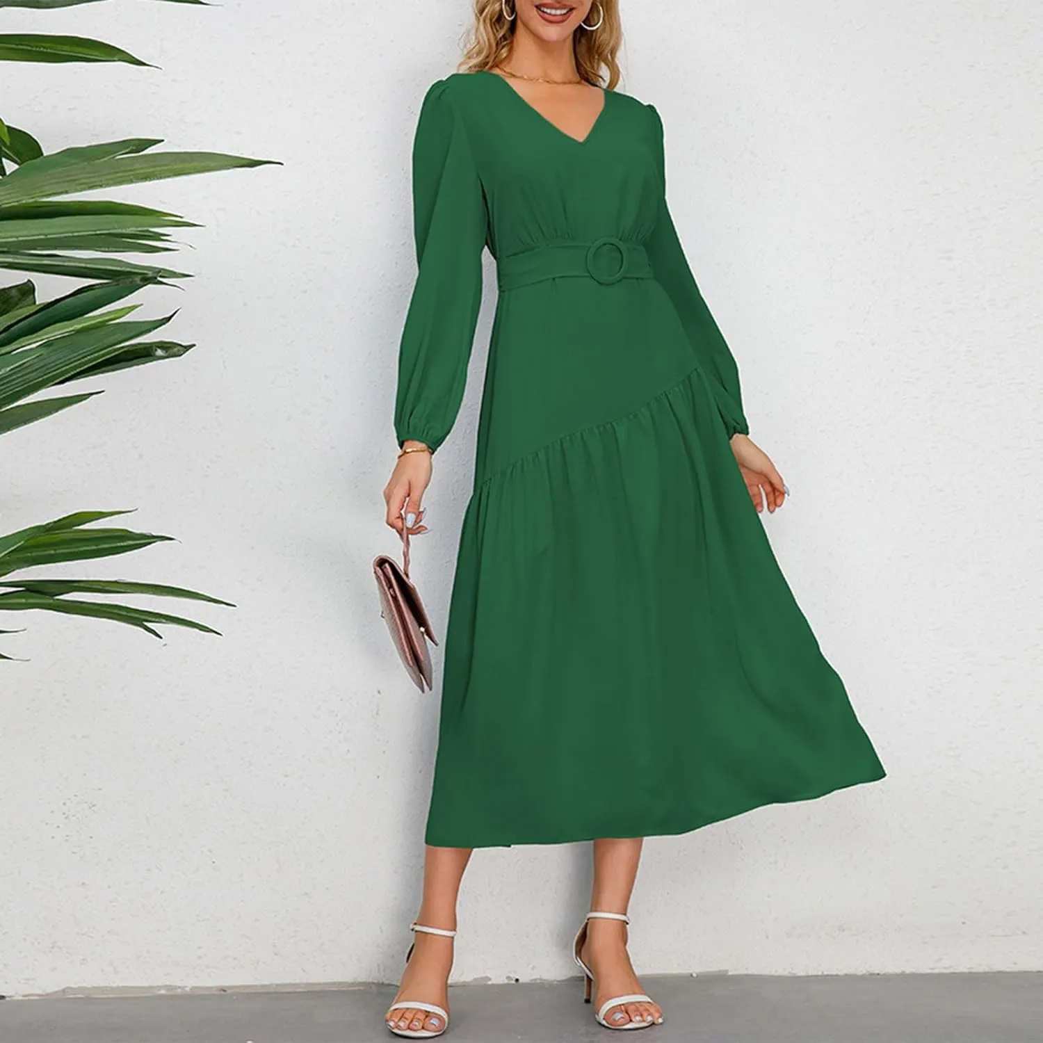 Women's Elegant Solid A-Line Pleated Midi Dress Classic 3/4 Sleeve V Neck Sheath Casual Party Work Wrap Dress