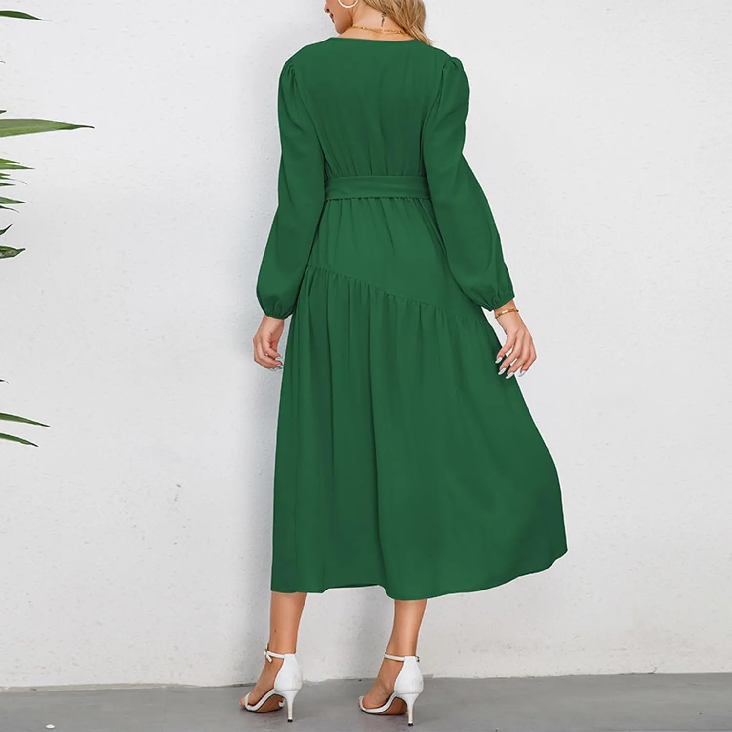 Women's Elegant Solid A-Line Pleated Midi Dress Classic 3/4 Sleeve V Neck Sheath Casual Party Work Wrap Dress