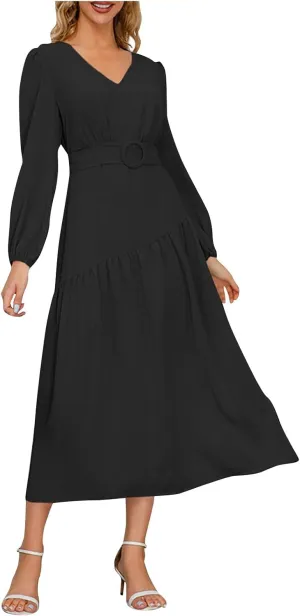 Women's Elegant Solid A-Line Pleated Midi Dress Classic 3/4 Sleeve V Neck Sheath Casual Party Work Wrap Dress