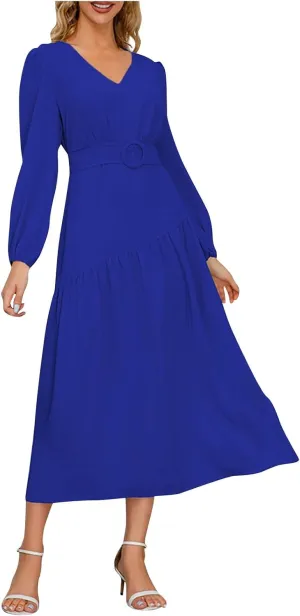 Women's Elegant Solid A-Line Pleated Midi Dress Classic 3/4 Sleeve V Neck Sheath Casual Party Work Wrap Dress