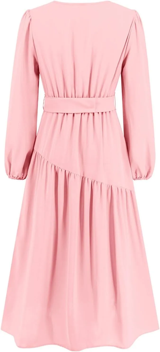 Women's Elegant Solid A-Line Pleated Midi Dress Classic 3/4 Sleeve V Neck Sheath Casual Party Work Wrap Dress
