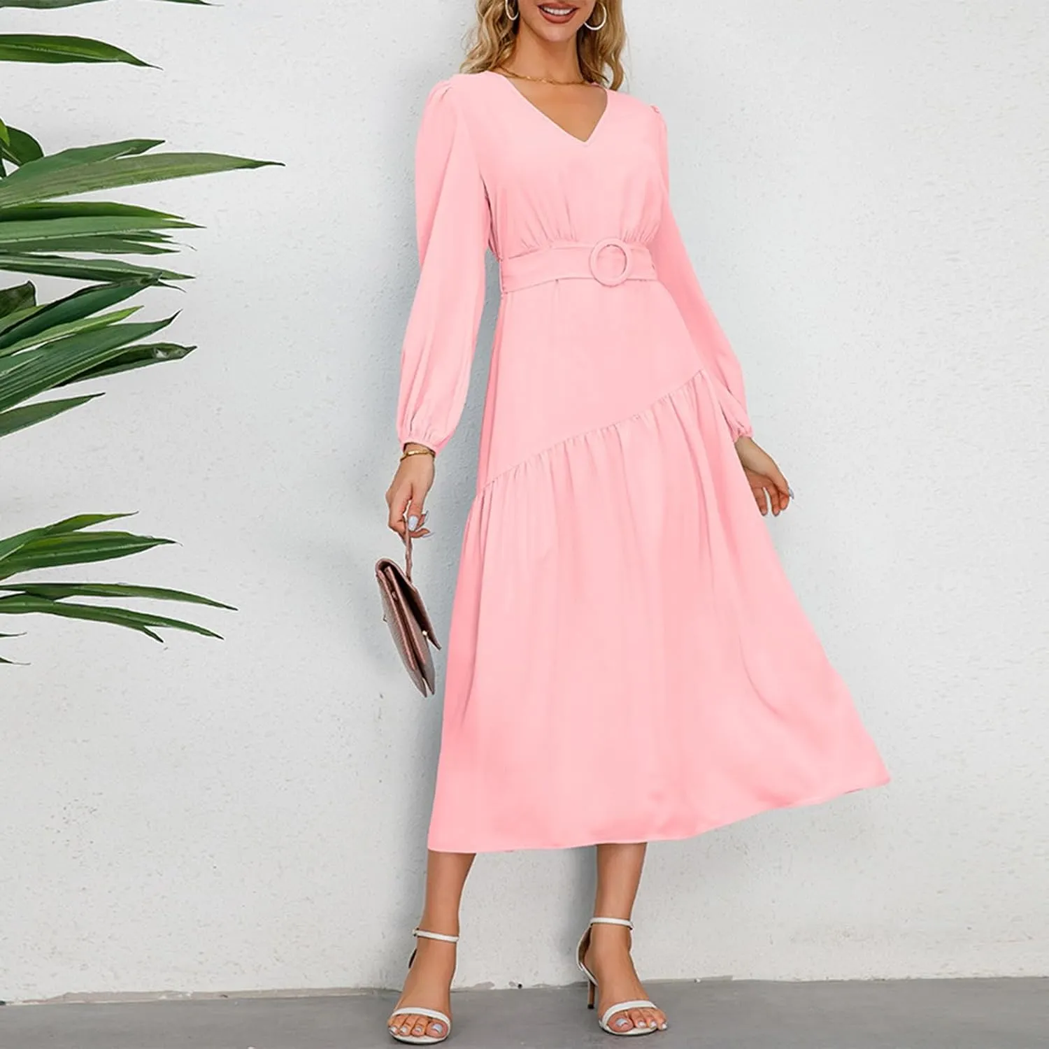 Women's Elegant Solid A-Line Pleated Midi Dress Classic 3/4 Sleeve V Neck Sheath Casual Party Work Wrap Dress