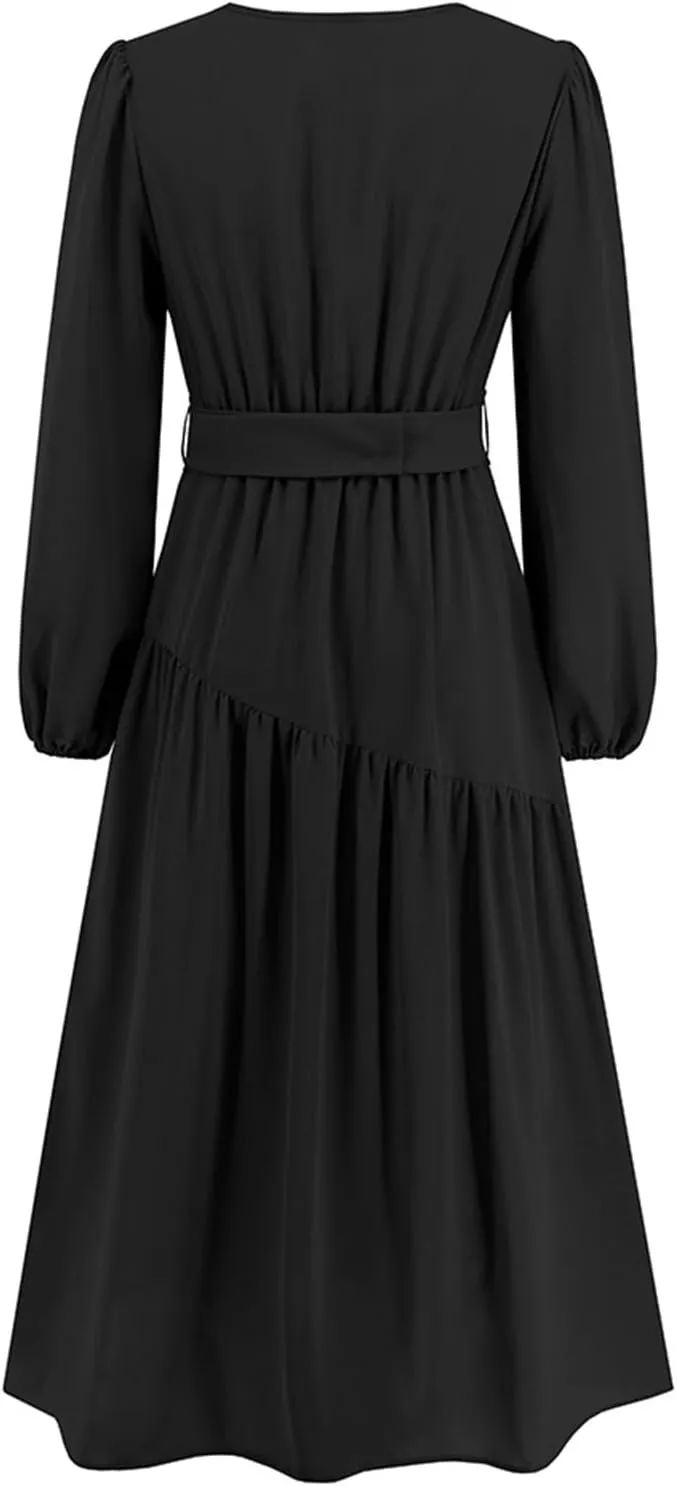 Women's Elegant Solid A-Line Pleated Midi Dress Classic 3/4 Sleeve V Neck Sheath Casual Party Work Wrap Dress