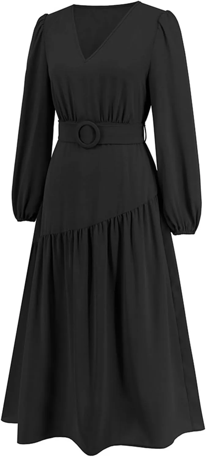 Women's Elegant Solid A-Line Pleated Midi Dress Classic 3/4 Sleeve V Neck Sheath Casual Party Work Wrap Dress