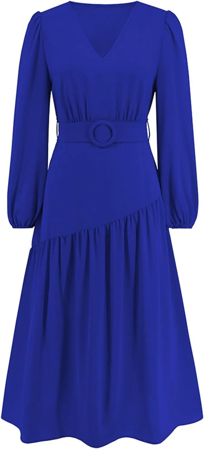 Women's Elegant Solid A-Line Pleated Midi Dress Classic 3/4 Sleeve V Neck Sheath Casual Party Work Wrap Dress