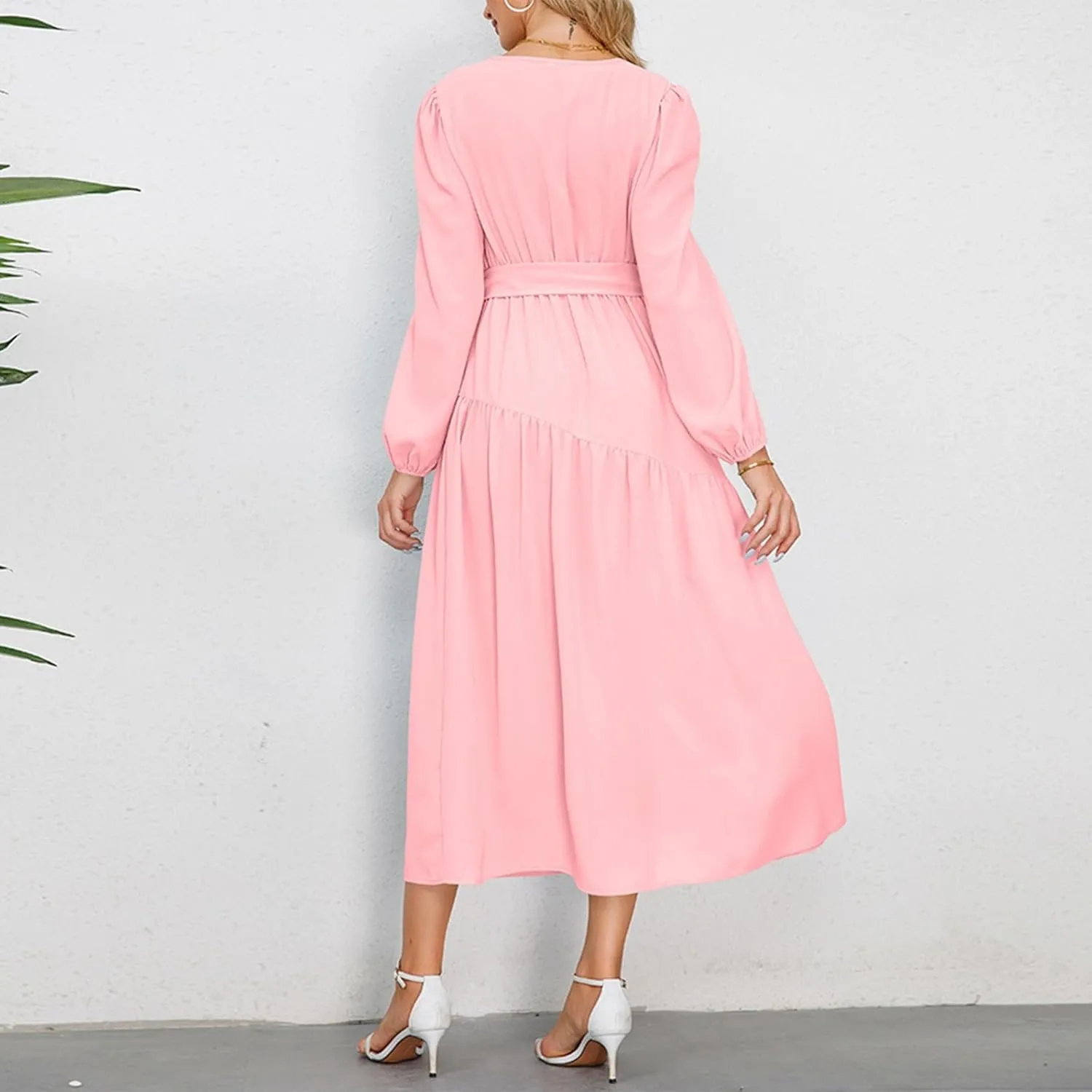 Women's Elegant Solid A-Line Pleated Midi Dress Classic 3/4 Sleeve V Neck Sheath Casual Party Work Wrap Dress