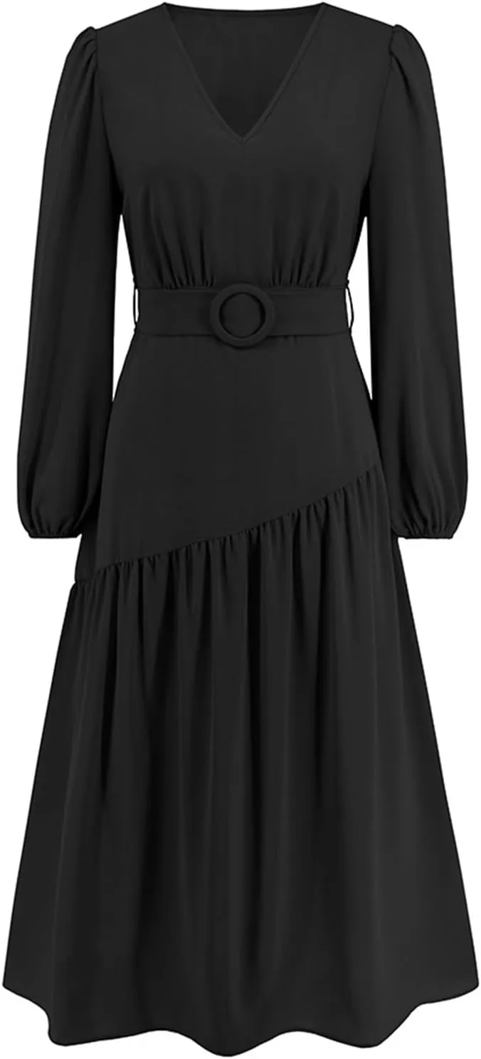 Women's Elegant Solid A-Line Pleated Midi Dress Classic 3/4 Sleeve V Neck Sheath Casual Party Work Wrap Dress