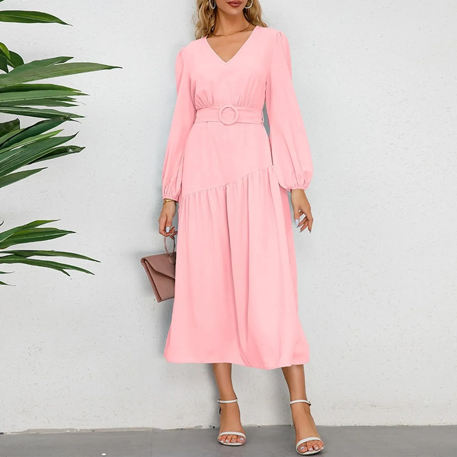 Women's Elegant Solid A-Line Pleated Midi Dress Classic 3/4 Sleeve V Neck Sheath Casual Party Work Wrap Dress