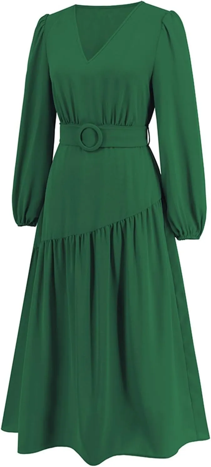 Women's Elegant Solid A-Line Pleated Midi Dress Classic 3/4 Sleeve V Neck Sheath Casual Party Work Wrap Dress